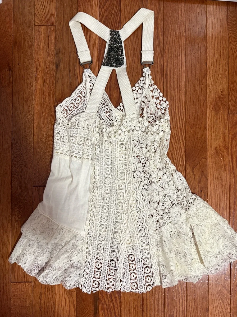 Free People Vintage Cream Lace Crochet Halter Top with Straps, Size Small